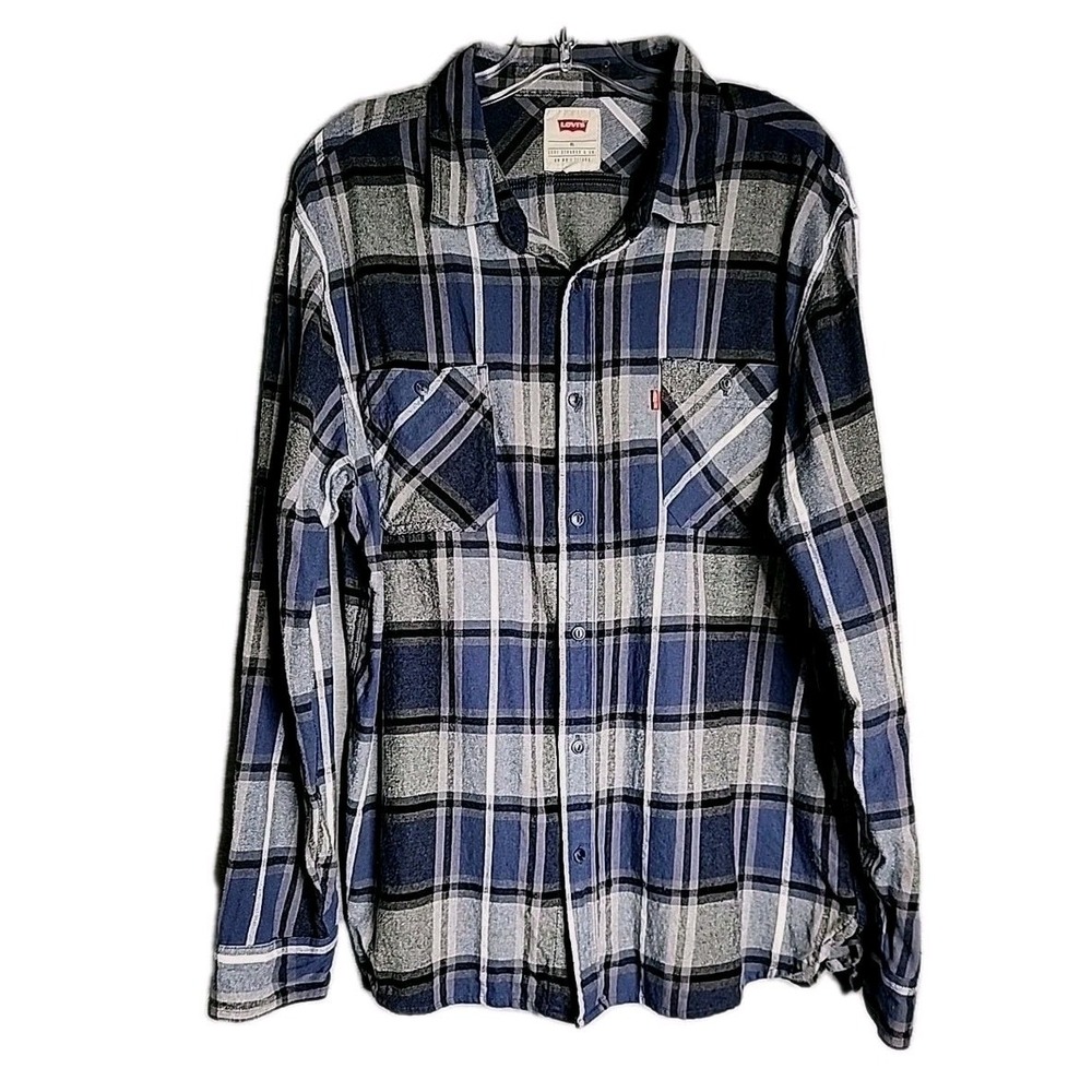 Levis Shirt Mens Size Large Plaid Blue Gray Long Sleeve Button Up